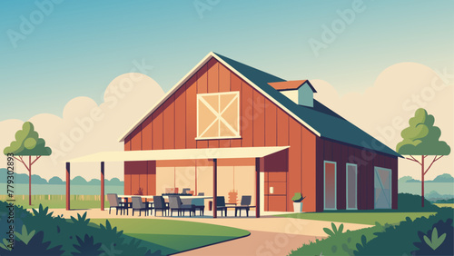 In a rural farm setting a historical barn is renovated with sustainable wood materials and adorned with a living wall of herbs and vegetables.