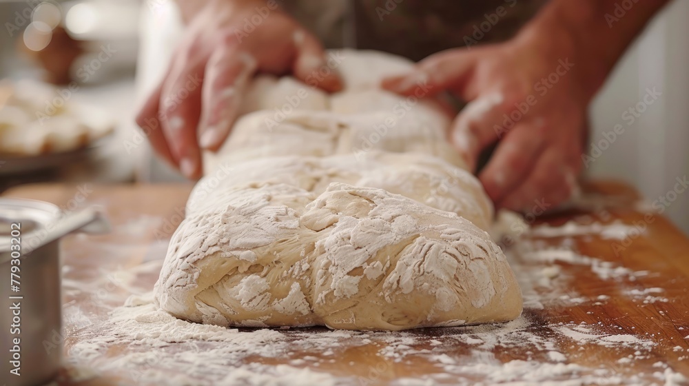 Artisan Baker Kneading and Shaping Fresh Dough on Wooden Counter with Flour Dusting in Bakery Artisan Baker Kneading and Shaping Fresh Dough on Wooden Counter with Flour Dusting in Bakery