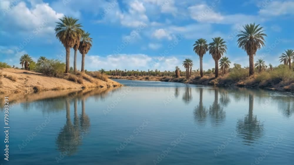 Oasis on the desert, seamless looping animation video background Oasis on the desert, seamless looping animation video background