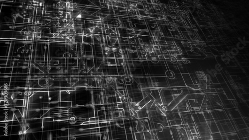 Abstract electronic circuits. Technology background. Black and white stylized circuit boards, depicting computers, networks.