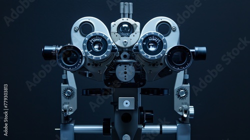 A close-up view of a phoropter, a machine used for eyesight measurement testing, highlighting its significance in eye health checks and ophthalmology © Orxan