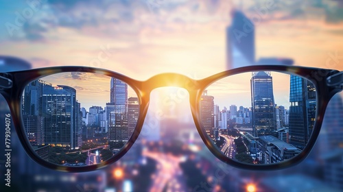 A modern, bright city view is seen through eyeglasses, with a blurry background emphasizing the concept of vision and clarity
