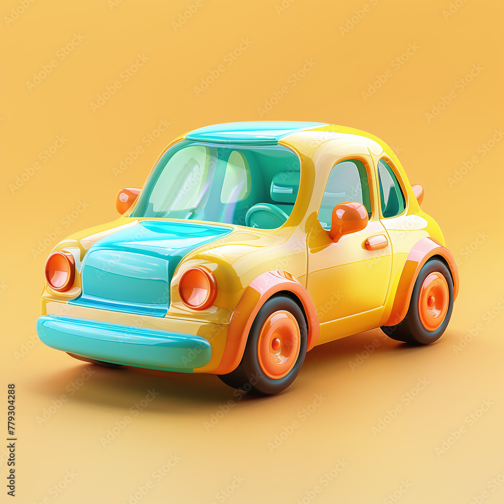 3D icon of car glossy emoji, vibrant colors, party, green and yellow color palette