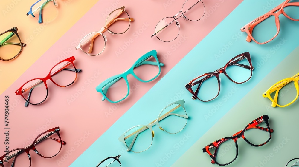 Stylish eyeglasses are arranged over a pastel background, symbolizing the optical store experience, from glasses selection to vision examinations, in a top view, flat lay format Stylish eyeglasses are arranged over a pastel background, symbolizing the optical store experience, from glasses selection to vision examinations, in a top view, flat lay format