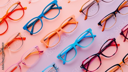 Stylish eyeglasses are arranged over a pastel background, symbolizing the optical store experience, from glasses selection to vision examinations, in a top view, flat lay format
