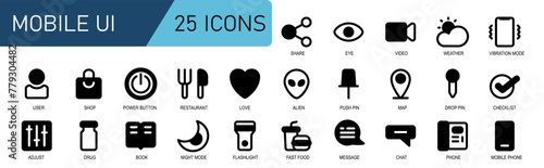 icon set ui . glyph style.contains push pin,drop pin,checklist,done,adjust,medicine,book,night mode,moon ,flashlight,fast food,message.