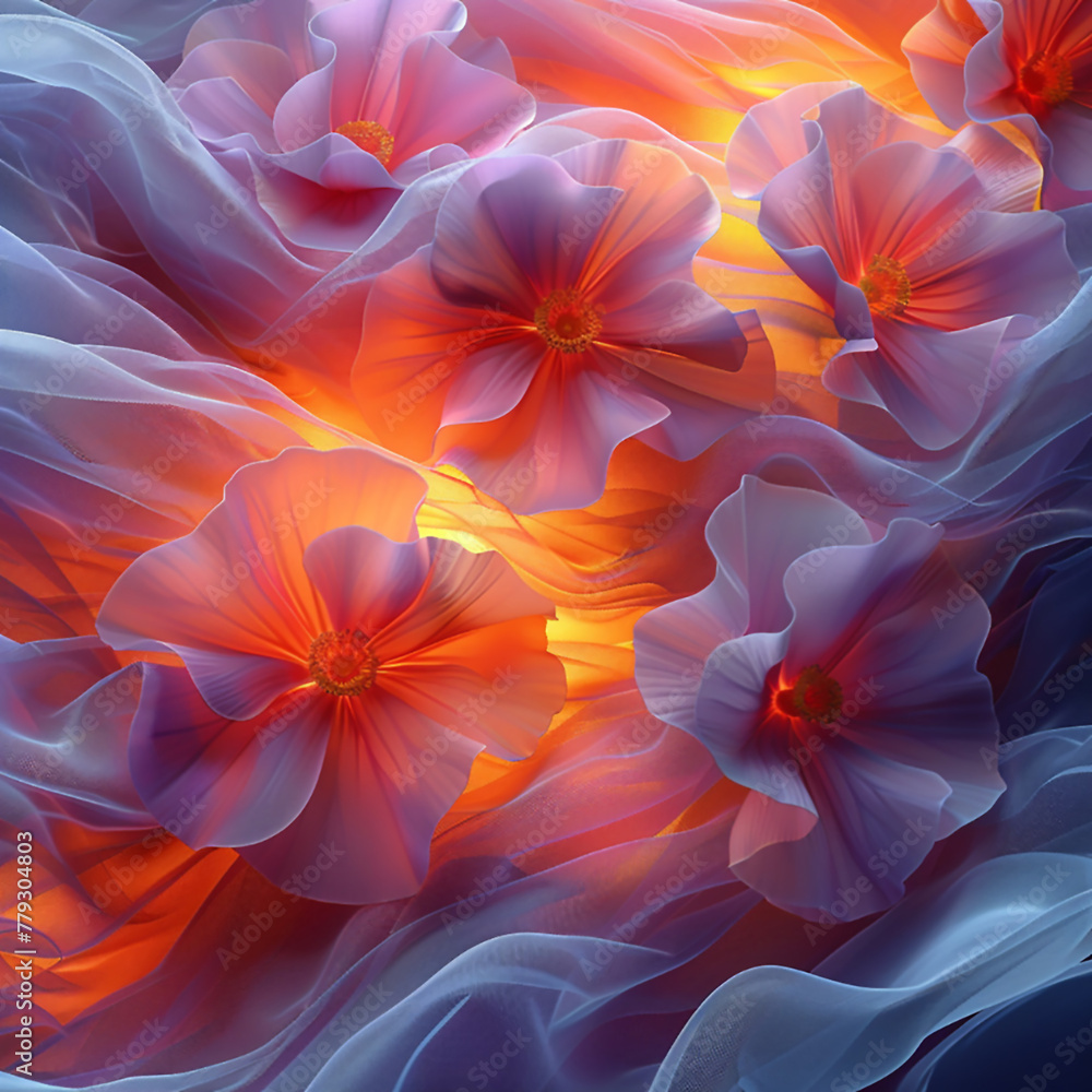 3D rendering of silk fabric with a floral pattern, done in a hyper-realistic style. 3D rendering of silk fabric with a floral pattern, done in a hyper-realistic style.