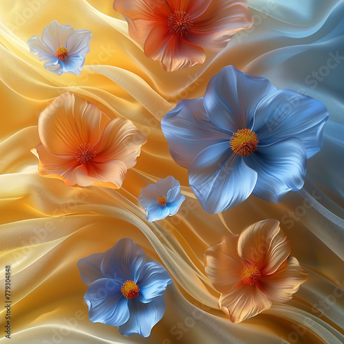 3D rendering of white silk fabric with a floral pattern  done in a hyper-realistic style.