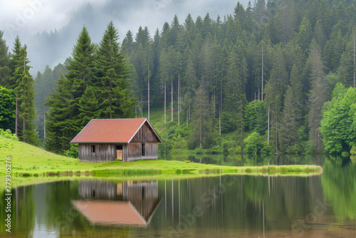 Small cabin on the shore of lake in forest, forest with pine trees and green grass, rainy weather, foggy sky, lake reflection, beautiful scenery