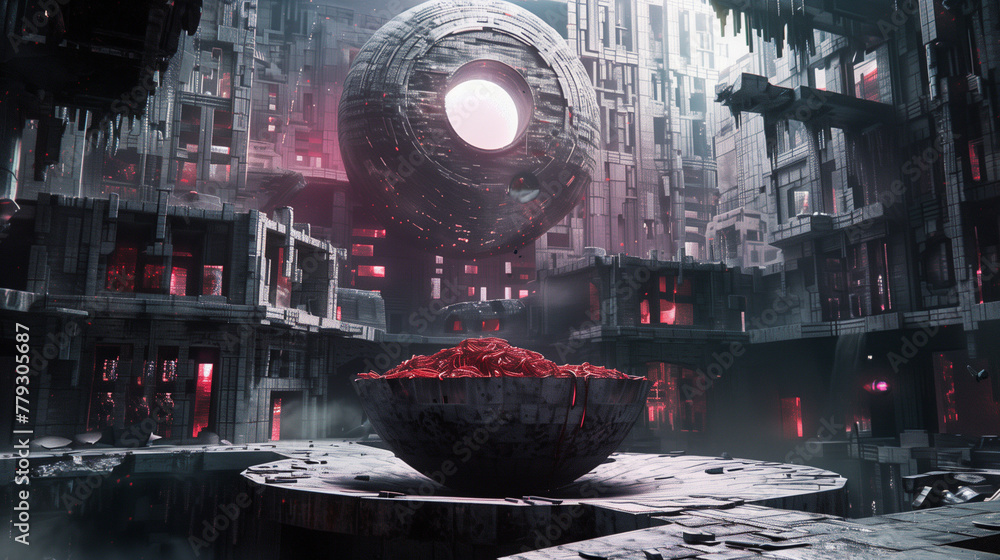 Naklejka premium Futuristic City with Sphere Structure and Red Biomass