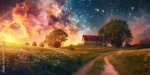 desa dengan pemandangan langit yang penuh bintang, galaxy © Elzerl