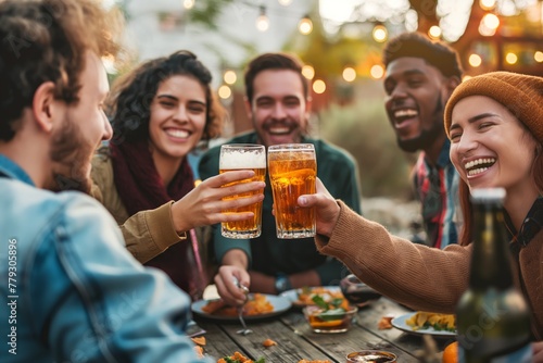 group of people from different ethnic backgrounds cheering and drinking beer at bar pub table -Happy young friends enjoying happy hour at brewery restaurant-Youth culture-Life style food and beverage