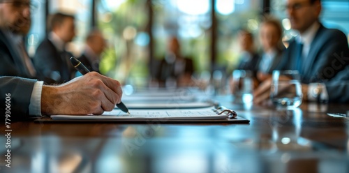 Blur office meeting blurred background with business people working group in boardroom discussion, executive seminar or professional training in enterprise