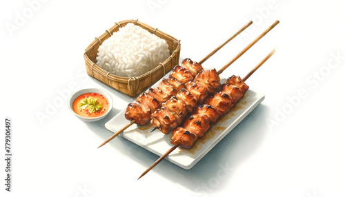 Thai Pork Skewers with Sticky Rice - Watercolor Food Art