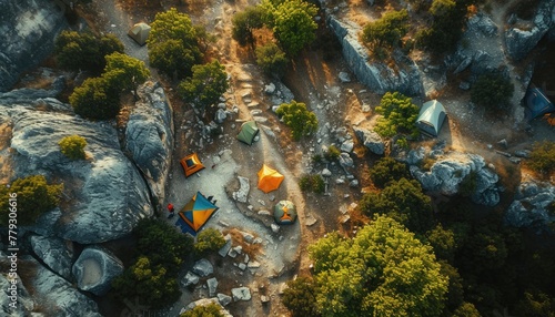 A photo of tents from above, a campsite for adventurers in the wilderness 🏕️🌲✨ A bird's eye view of outdoor exploration and rugged beauty #AdventureCamp