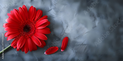 Red gerbera on a gray background, copy space.