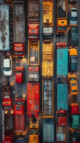 Aerial view of a delivery vehicle fleet ready for dispatch at dawn