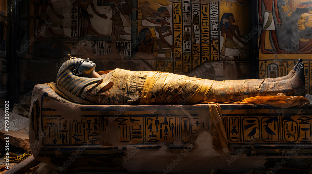 Ancient Egyptian Mummy in Decorative Sarcophagus within a Historical Tomb: A Spectacular Glimpse into Mummy History - obrazy, fototapety, plakaty 
