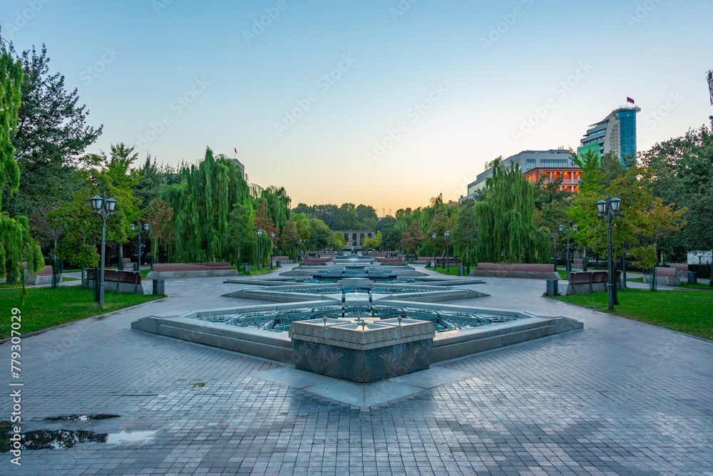 Sunrise view of fountains at Vardanyans' Park in Yerevan, Armenia Sunrise view of fountains at Vardanyans' Park in Yerevan, Armenia