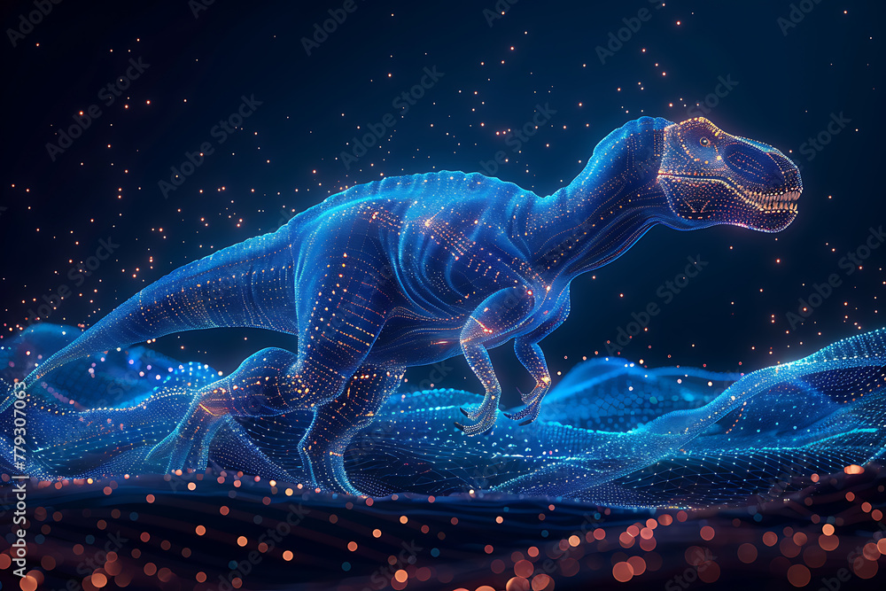 Step into the prehistoric world with a captivating image of a dinosaur rendered in wireframe and neon style against a striking blue background