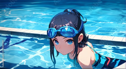 Girl wearing swimming goggles, illustration, pool background.｜水泳用ゴーグルをつけた女の子、イラスト、プール背景。
