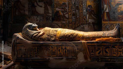 Ancient Egyptian Mummy in Decorative Sarcophagus within a Historical Tomb: A Spectacular Glimpse into Mummy History