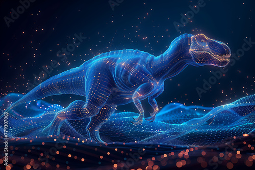 Step into the prehistoric world with a captivating image of a dinosaur rendered in wireframe and neon style against a striking blue background
