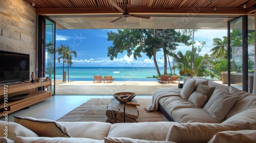 The beachfront hotel lobby offers beautiful views of the beach