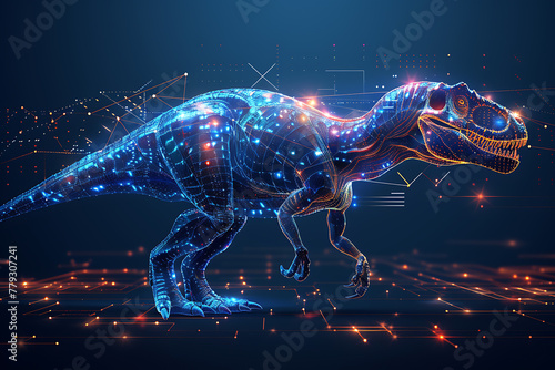 Step into the prehistoric world with a captivating image of a dinosaur rendered in wireframe and neon style against a striking blue background