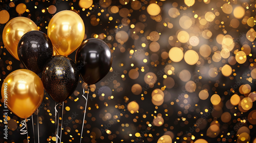 Chic gold and black balloon background with sparkling lights, ideal for upscale events, luxury celebrations, and elegant party settings Chic gold and black balloon background with sparkling lights, ideal for upscale events, luxury celebrations, and elegant party settings