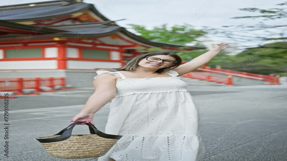 Cheerful and beautiful hispanic woman in glasses invites with friendly gesture to a japanese temple in tokyo, japan Cheerful and beautiful hispanic woman in glasses invites with friendly gesture to a japanese temple in tokyo, japan