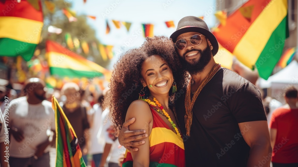 Happy young African American couple celebrating Juneteenth Freedom and African liberation day. Black life matters. Black history month.