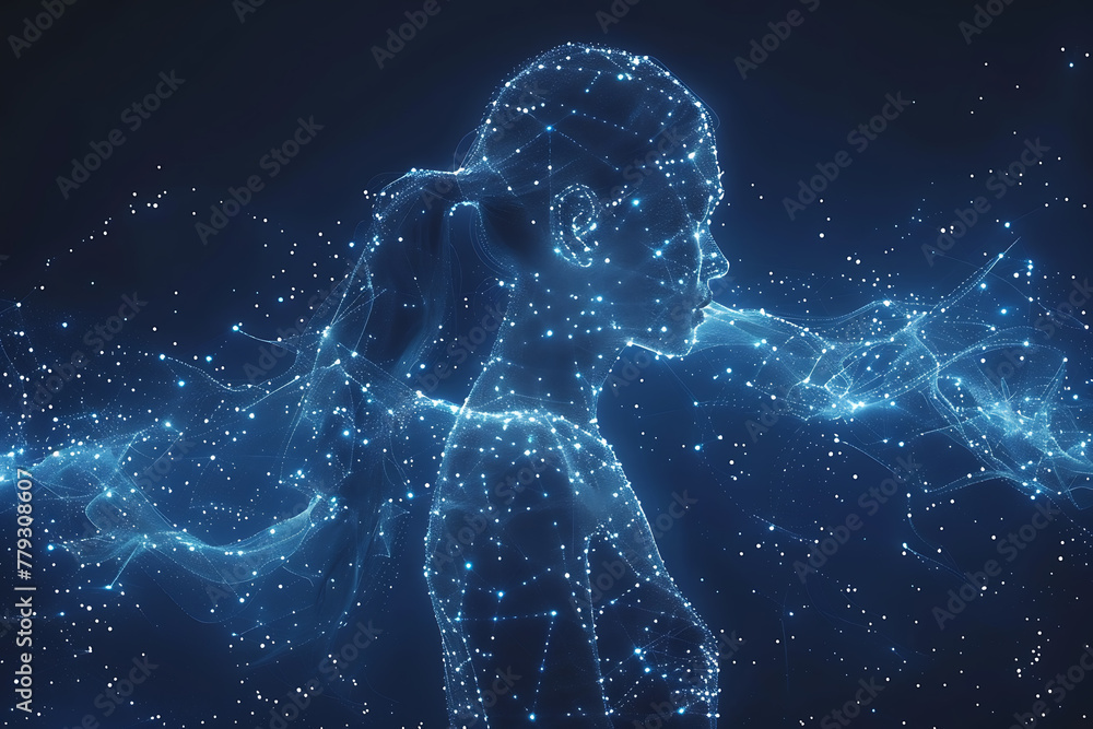 Enter the digital realm with style as vibrant wireframe and neon silhouettes of girls dance against a captivating blue background Enter the digital realm with style as vibrant wireframe and neon silhouettes of girls dance against a captivating blue background