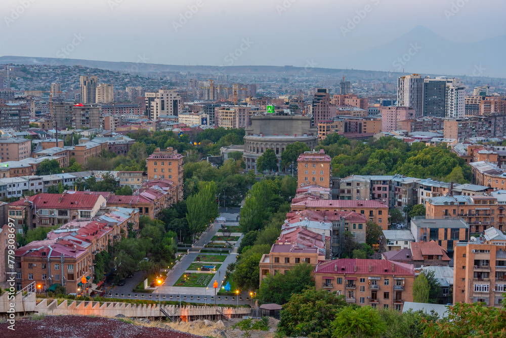 Fototapeta premium Sunset view of Yerevan from the Cascade staircase, Armenia