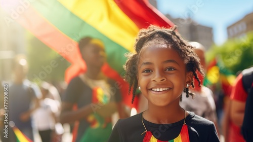 Happy African American Children holding red, green and yellow flag symbolizing Juneteenth Freedom and African liberation day. Black life matters. Black history month. photo