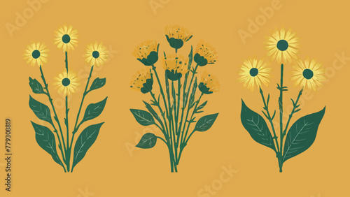 Yellow Field Flowers and Bouquet Vector Illustration