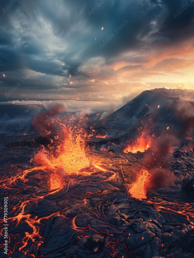 Dramatic volcano eruption at sunset - A breathtaking scene of a volcano fiercely erupting, illuminating the sunset sky with bursts of lava