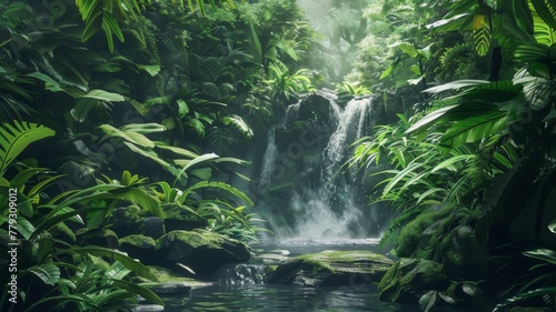 Lush waterfall and verdant jungle landscape - A captivating view of a waterfall cascading through the dense green of an otherworldly jungle landscape