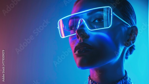 Cyberpunk theme portrait woman, bright neon light - A cyberpunk-inspired portrait of a woman shrouded in vibrant neon lights with a futuristic aesthetic