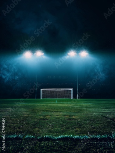Foggy football stadium with bright lights - A mystical scene showing a soccer goal on an abandoned field with fog and intense stadium lights