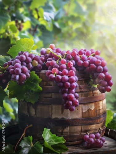 Ripe grapes on wooden barrel in vineyard - A vibrant image capturing ripe bunches of grapes on a rustic wooden barrel, set against a lush vineyard backdrop