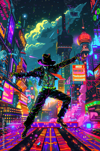Retro Arcade Game Scene: Dancing Hero in a Futuristic Urban Landscpae Under Starlit Sky