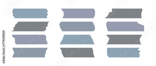 Grey adhesive tape piece set. Scotch stripes with torn jagged edges. Plastic duct tape band collection. Sticky masking paper for package wrap, blank tag, label, sticker, decoration. Vector pack