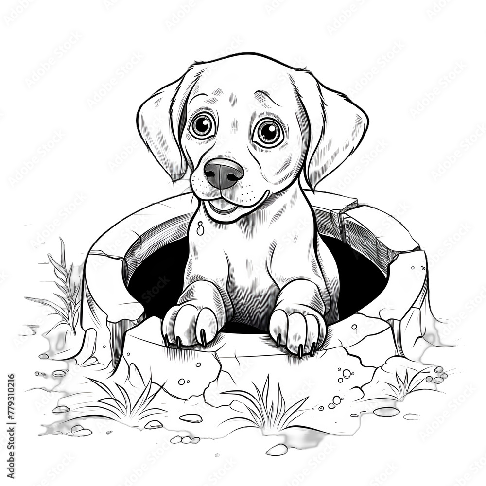 Fototapeta premium Cute Puppy Emerging from a Shattered Flowerpot. - outline illustration for coloring book - png isolated on transparent background