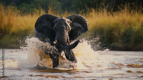 An African Elephant Splashing through the River During a Safari