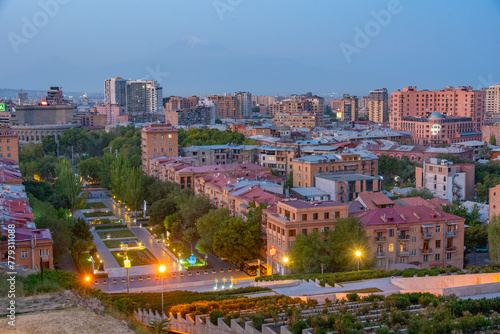 Sunset view of Yerevan from the Cascade staircase, Armenia photo