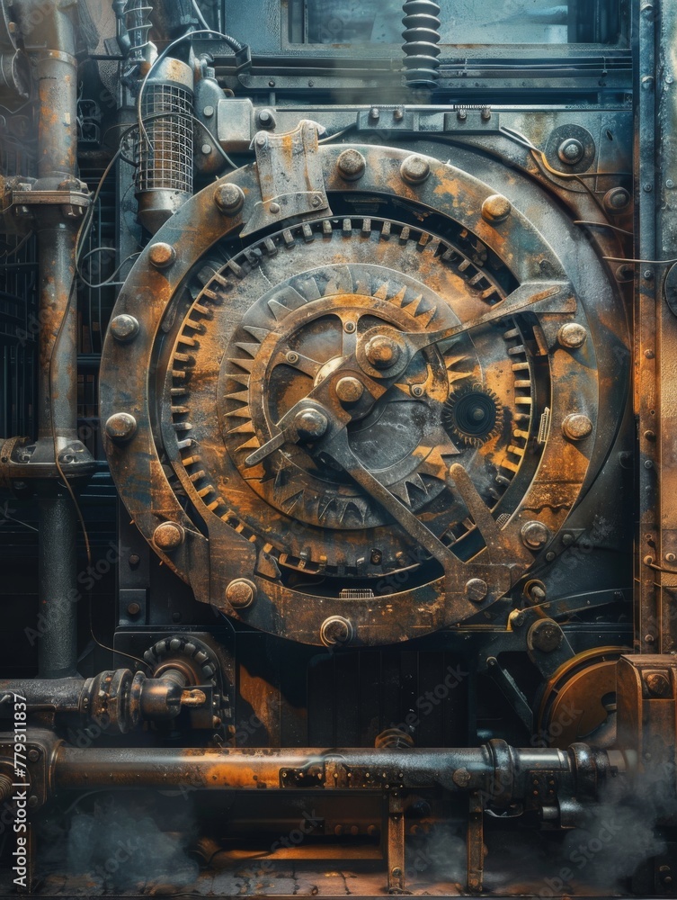 Steampunk industrial machine with intricate gears - An intricate steampunk-inspired industrial machine with gears, levers, and pipes showcased in a mystical atmosphere with steam Steampunk industrial machine with intricate gears - An intricate steampunk-inspired industrial machine with gears, levers, and pipes showcased in a mystical atmosphere with steam