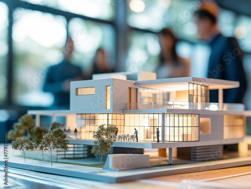 Close-up image of house model with group business people in blurred background in building design studio. Architecture project concept