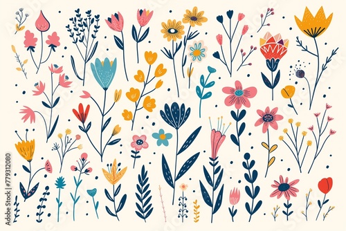 Compilation of doodled floral elements, showcasing an array of scribble-inspired wildflowers and abstract designs with editable strokes