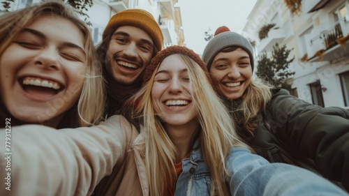 Friends sharing laughter in a group selfie - Close-up of a group of friends joyously taking a selfie, emphasizing friendship and happiness